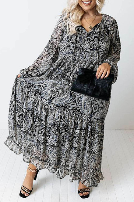 Paisley Print Ruffled Drawstring Plus Size Maxi Dress
