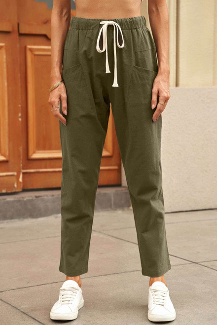Green Solid Pocketed Drawstring High Waist Pants Green Solid Pocketed Drawstring High Waist Pants