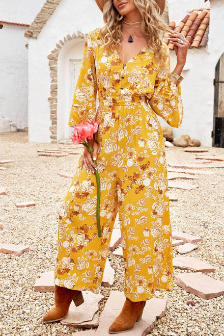 Yellow Floral Print Wide Leg Buttons V Neck Jumpsuit