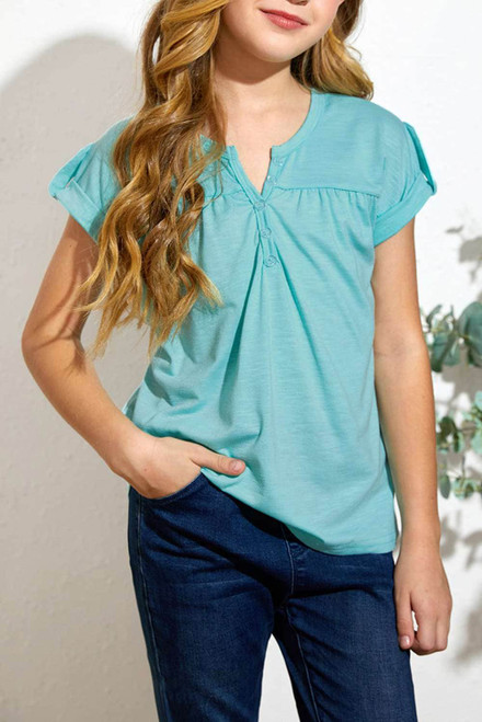 Sky Blue Roll up Short Sleeve Girls' Top with Buttons