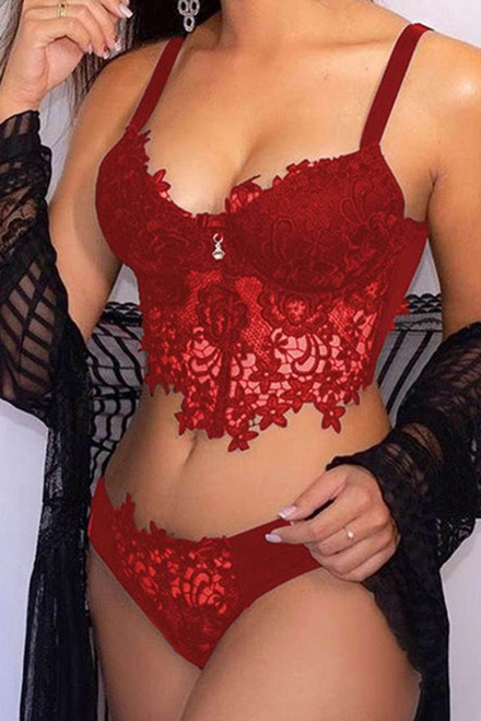 Red Spaghetti Straps Crochet Lace Hollow Out Bra Thong Lingerie Set