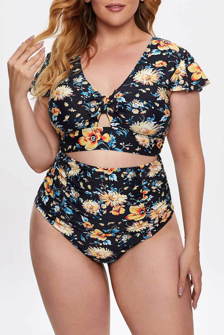 Plus Size Flutter Cap Sleeve Floral High Waist Bikini