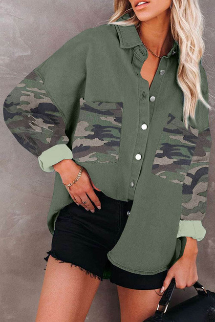 Green Camo Print Patchwork Button-up Jacket