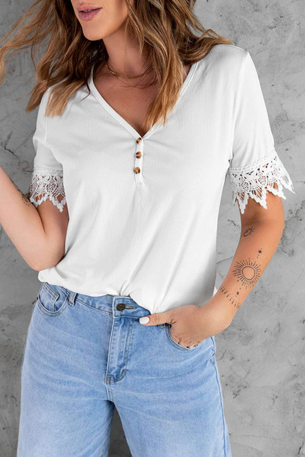 White Lace Patch Short Sleeve Buttoned V Neck Top