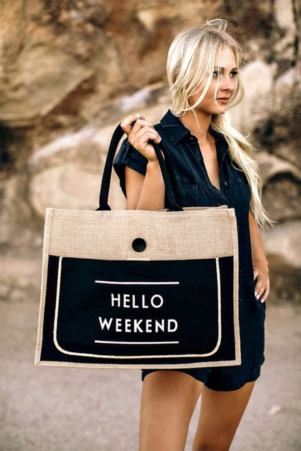 Black Hello Weekend Beach Handbag