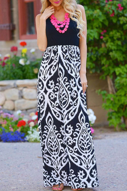 Black Boho Solid Tank Floral Print Maxi Dress