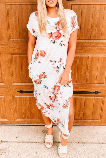 White Floral Print Side Slits T Shirt Dress