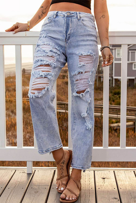 Light Blue Vintage Wash Ripped Straight Leg Jeans