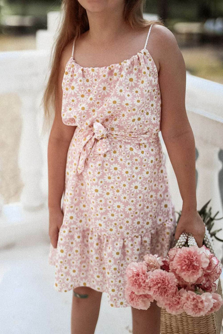 Pink Daisy Print Tie Knot Spaghetti Strap Girl's Mini Dress