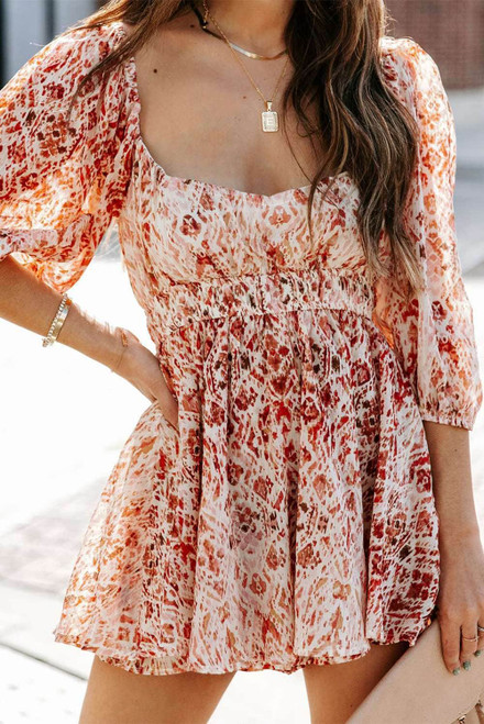 Red Square Neck Printed Puff Sleeve Romper