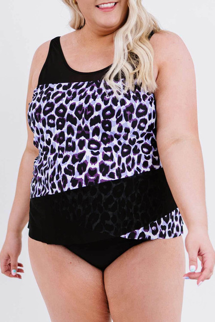 Black Leopard Splicing Plus Size Tankini Black Leopard Splicing Plus Size Tankini