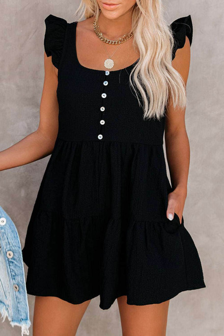 Black Flutter Shoulder Pocketed Babydoll Romper