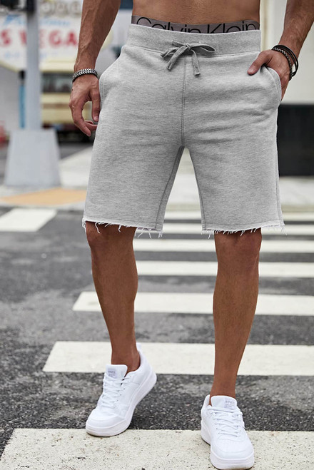 Gray Solid Pockets Drawstring High Waist Men's Casual Shorts