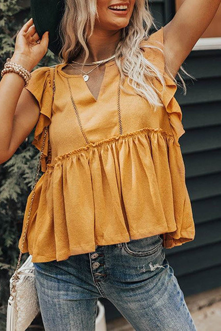 Yellow Flounce Cap Sleeve Babydoll Top