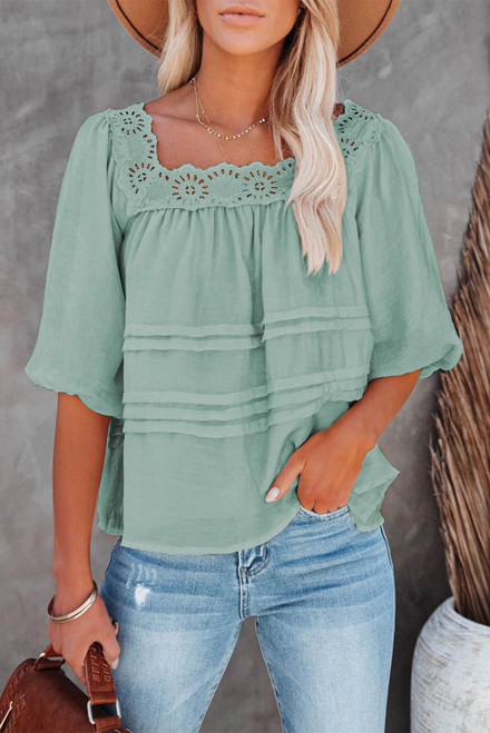 Green Puff Sleeve Eyelet Babydoll Blouse