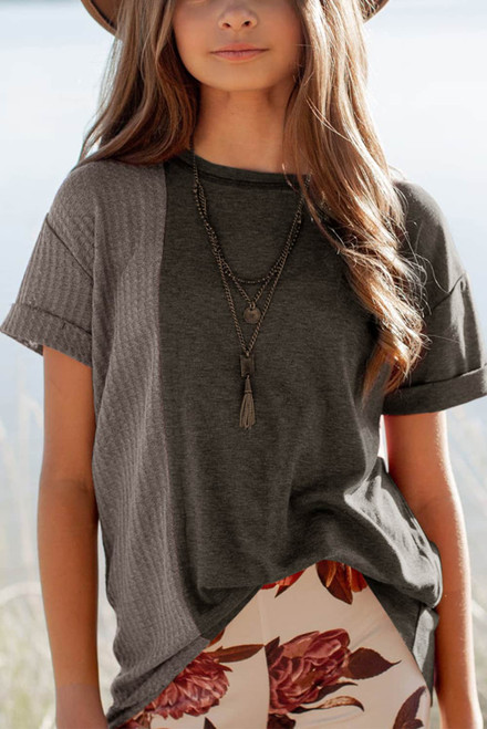 Gray Girls Mix Waffle Textured Short Sleeve Top