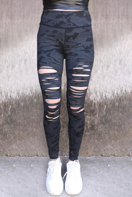 Black Camo Print Ripped High Waist Leggings Black Camo Print Ripped High Waist Leggings