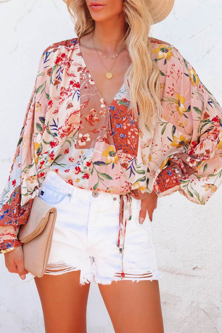 Multicolor Floral Print Patchwork Wrap V Neck Blouse