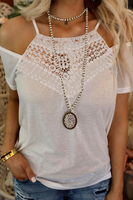 White Lace Contrast Cut-out Cold Shoulder Top