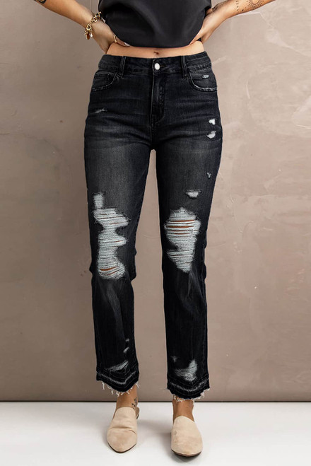 Black Washed Straight Leg Distressed High Waist Jeans