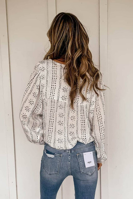 Beige Long Sleeve Embroidered Print Blouse