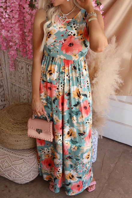 Sky Blue Boho Print Sleeveless High Waist Long Floral Dress