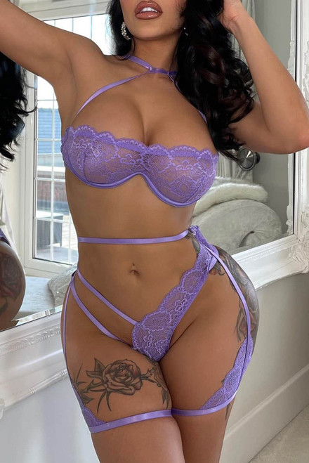 Purple Sheer Lace Asymmetric Strappy 2pcs Lingerie Set