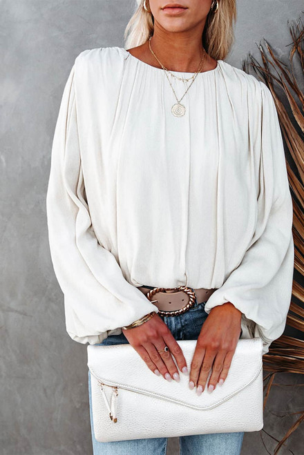 White Crew Neck Billowy Sleeve Blouse