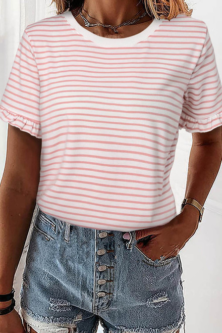 Pink Casual Striped Ruffle Sleeve Short Sleeve T-Shirt