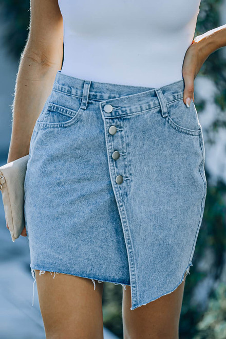 Sky Blue Buttons Asymmetric Denim Mini Skirt