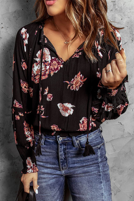 Black Floral Print V Neck Puffy Sleeve Blouse