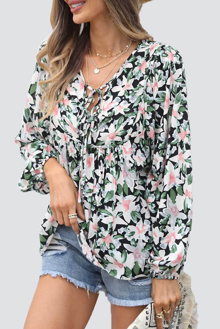 Black Floral Print Lace Up Blouse