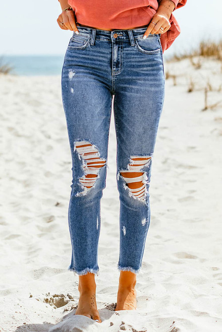 Blue Distressed Cropped Skinny Jeans