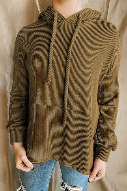 Green Ribbed Drawstring Pullover Hoodie with Kangaroo Pocket