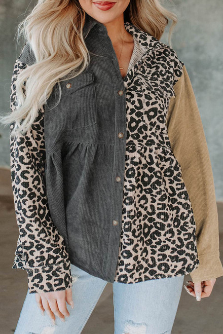 Leopard Colorblock Corduroy Shirt Jacket