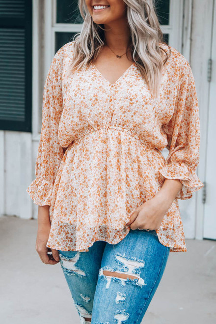 Orange Floral Print V Neck Ruched Babydoll Blouse