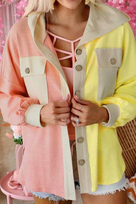 Multicolor Color Block Pocketed Button Down Shirt Jacket with Hood Multicolor Color Block Pocketed Button Down Shirt Jacket with Hood