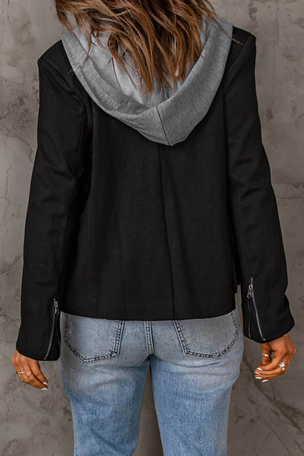 Black Notch Collar Detachable Hood Zipped Jacket