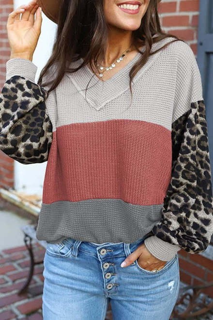 Red Wild Leopard Contrast Sleeve Colorblock Waffle Knit Top