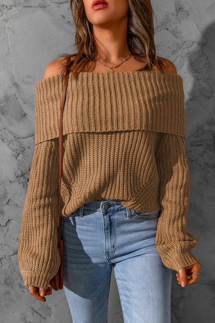 Khaki Ribbed Knit Foldover Off Shoulder Sweater