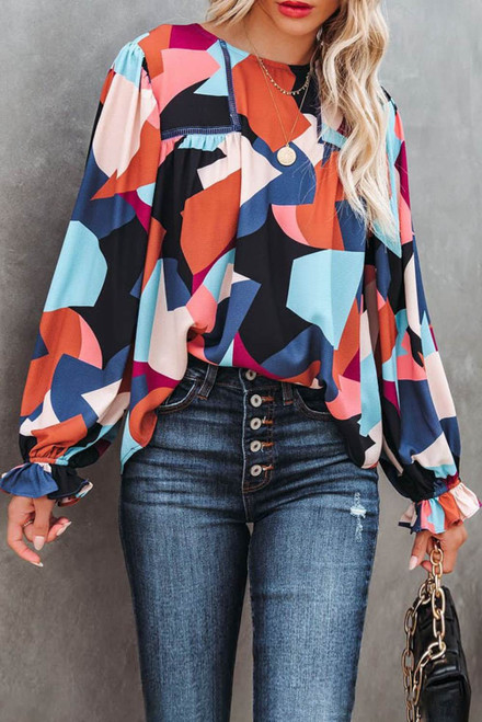 Abstract Pattern Crewneck Ruffled Puff Sleeve Blouse