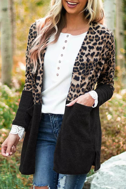 Black Leopard Print Patchwork Pocket Cardigan