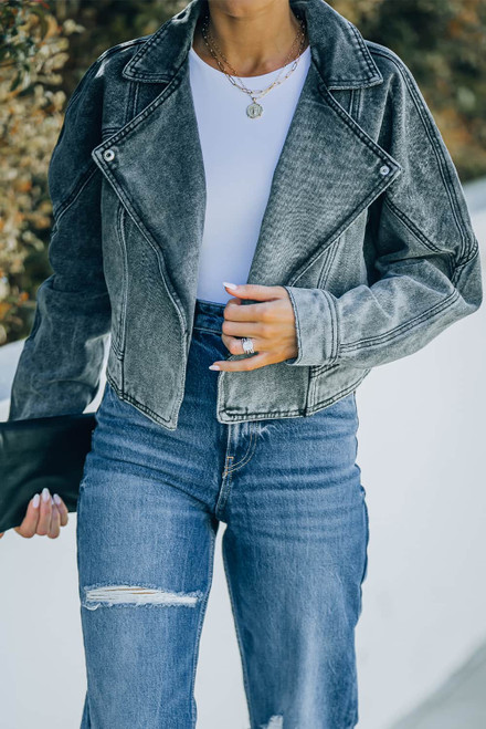 Gray Lapel Collar Open Front Denim Jacket