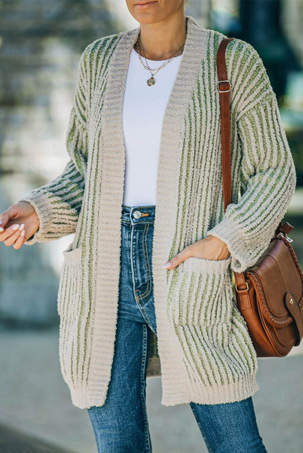 Green Ribbed Striped Open Front Cardigan with Pockets