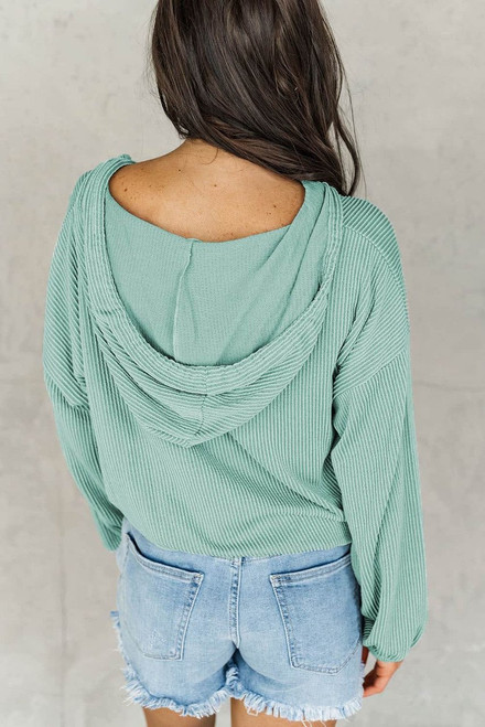 Green Loose Fit Ribbed V Neck Hoodie