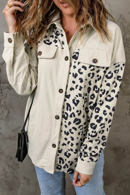 Apricot Leopard Print Detail Pocketed Corduroy Jacket Apricot Leopard Print Detail Pocketed Corduroy Jacket