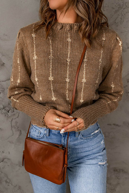Brown Long Sleeve O-neck Knitted Sweater