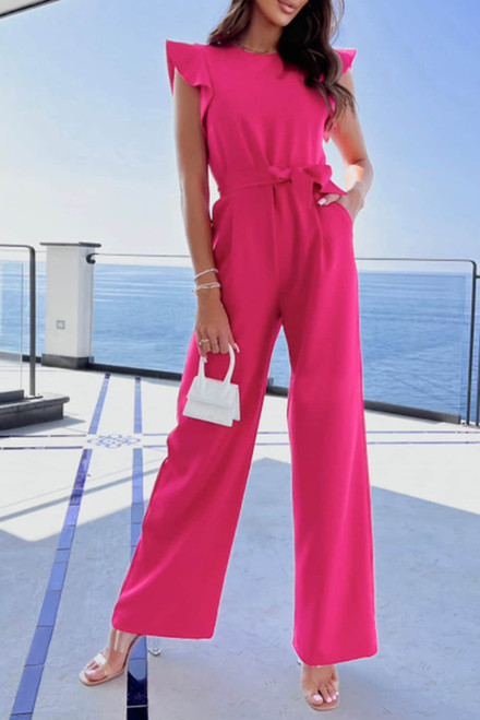 Rose Flutter Sleeves Belted Wide Leg Jumpsuit Rose Flutter Sleeves Belted Wide Leg Jumpsuit