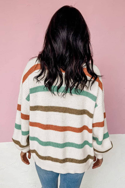 Beige Drop Shoulder Pocketed Stripe Sweater Cardigan Beige Drop Shoulder Pocketed Stripe Sweater Cardigan