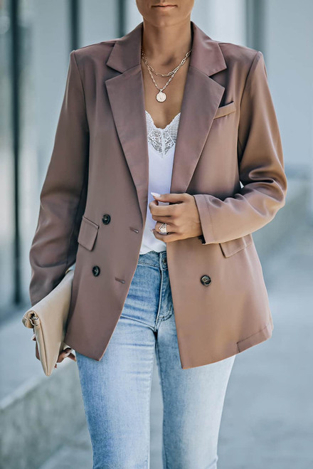 Brown Lapel Neckline Double Breasted Pocketed Blazer Brown Lapel Neckline Double Breasted Pocketed Blazer